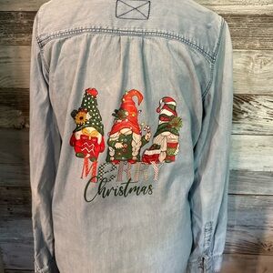Festive Denim Button Down Shirt with Christmas Gnomes